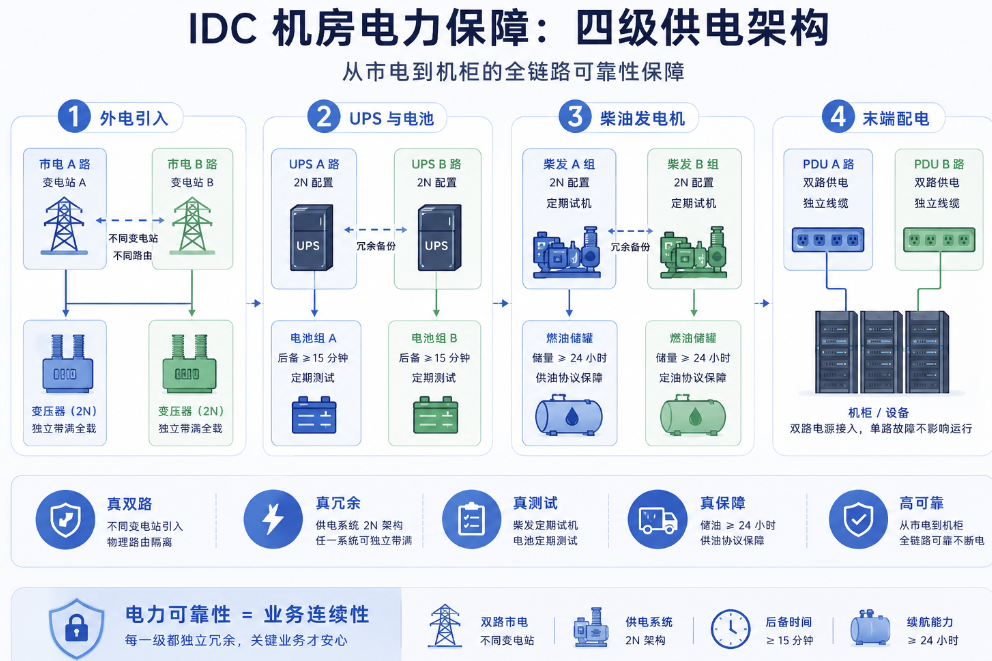 双路市电、2N 架构与柴发保障：读懂深圳 IDC 机房的